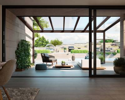 Villa Vorgarten mit Überdachung und Sitzmöbel