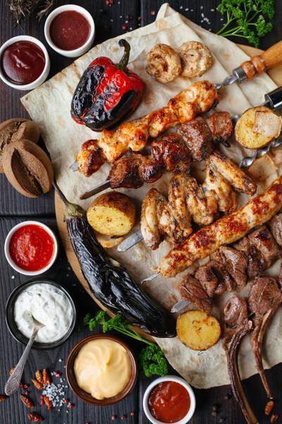Barbecue buffet with fresh vegetables and meat
