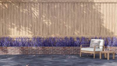 Terrasse confortable avec chaise et plantes de lavande